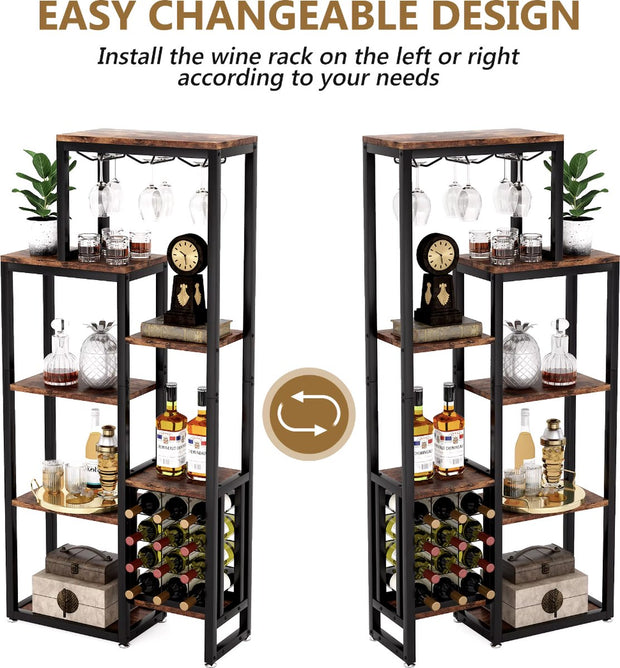 Wine cabinet - Wine rack - Beverage cabinet - Cupboard - Wine glass holders - Bottle holders - Industrial - Wood and metal - Brown/Black - 175x80x30cm