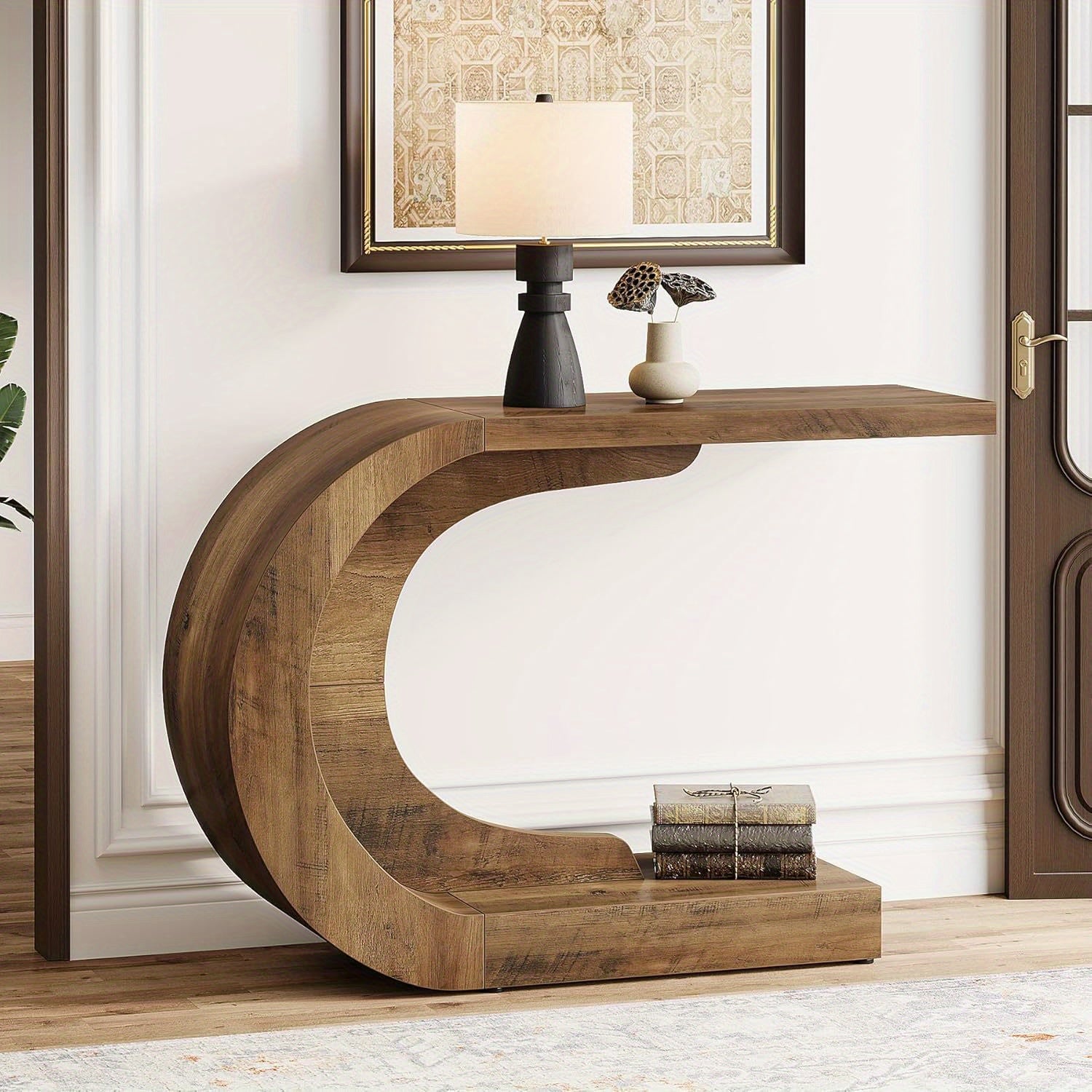 Sidetable – Bijzettafel – Halmeubel – Console Tafel – Woonkamermeubel – Mid-Century Modern C-Vorm – Rustieke Bruine Afwerking – Duurzaam Gelamineerd Hout - QUORE