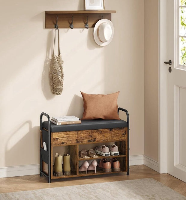 Schoenenbank met zitvlak - schoenenrek - zitbank met opbergruimte onder het deksel - PU-organizer - handgrepen - voor hal - woonkamer - slaapkamer - vintage bruin-inktzwart
