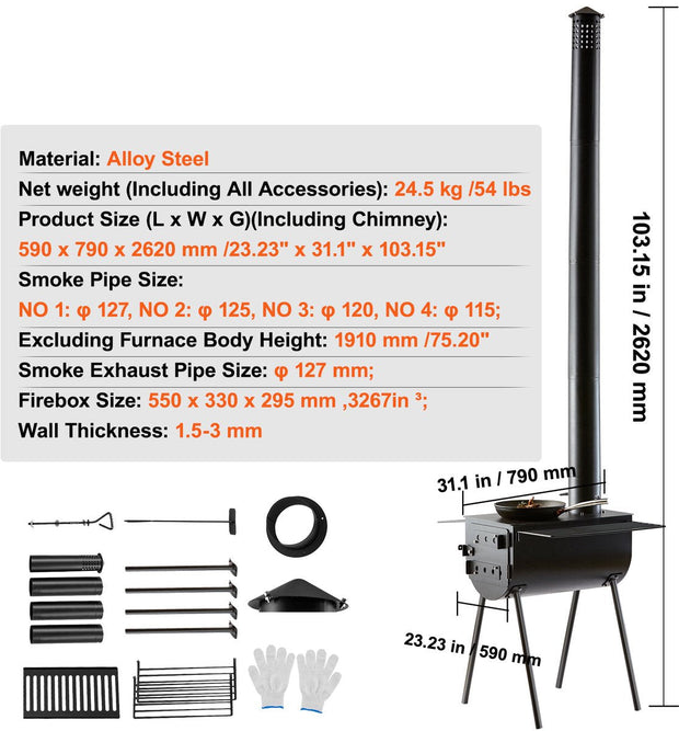 Draagbare Houtkachel - Camping Hot Tent BBQ-oven Buiten met Pijpen - 59 x 79 x 262 cm  - Kamergrootte 55 x 33 x 29,5 cm