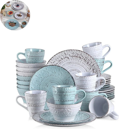 Luxe Serviesset- 32 delig – 8 persoons – Porselein - Bordenset – Dinner platen – Dessertborden - Kommen - Mokken - Wit & Blauw