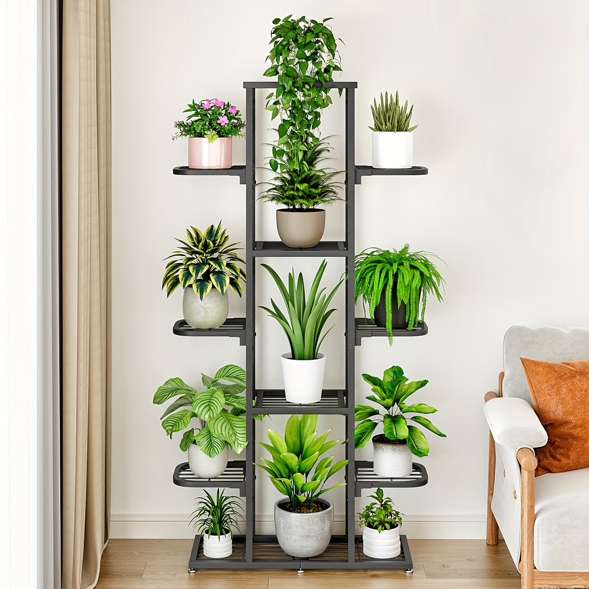 Modern White Metal Plant Stand with Anti-Slip Corner & Protective Foot Pads - Multi-Tier Indoor/Outdoor Flower Shelf, Sturdy Tall Vertical Design for Patio, Garden, Living Room, Bedroom, Balcony - Space-Saving Plant Holder fo