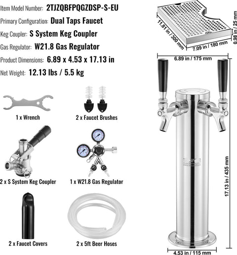 Biertoren met Twee Tapkranen - Dual Gauge Regelaar - S-Systeem Cilinderkoppeling - Inclusief Bierlekbak - Voor Bruiloften - Feesten en Bars