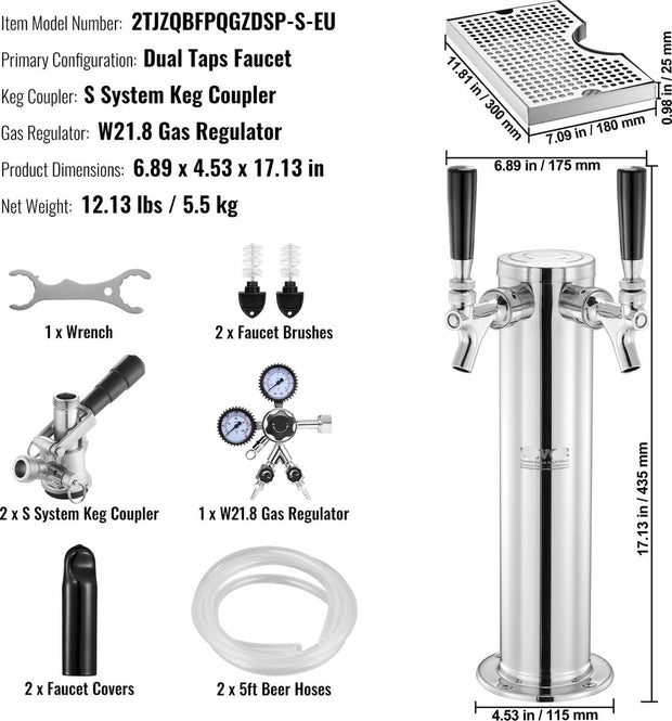 Biertoren met Twee Tapkranen - Dual Gauge Regelaar - S-Systeem Cilinderkoppeling - Inclusief Bierlekbak - Voor Bruiloften - Feesten en Bars