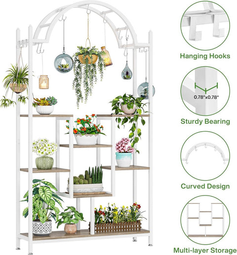 Plantenrek - Plantenstandaard - Plantenrek voor Binnen en Buiten - Plantenrek met 5 Niveaus en 8 S-haken - Wit - 100 x 30 x 190 cm