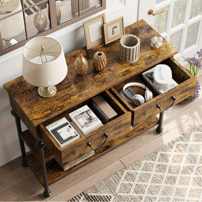 Sidetable – Console Tafel – Haltafel – Sofa Tafel – Opbergmeubel – Smal Ontwerp – 2 Lades & Open Planken – Metalen Frame & Houten Blad – Grijs