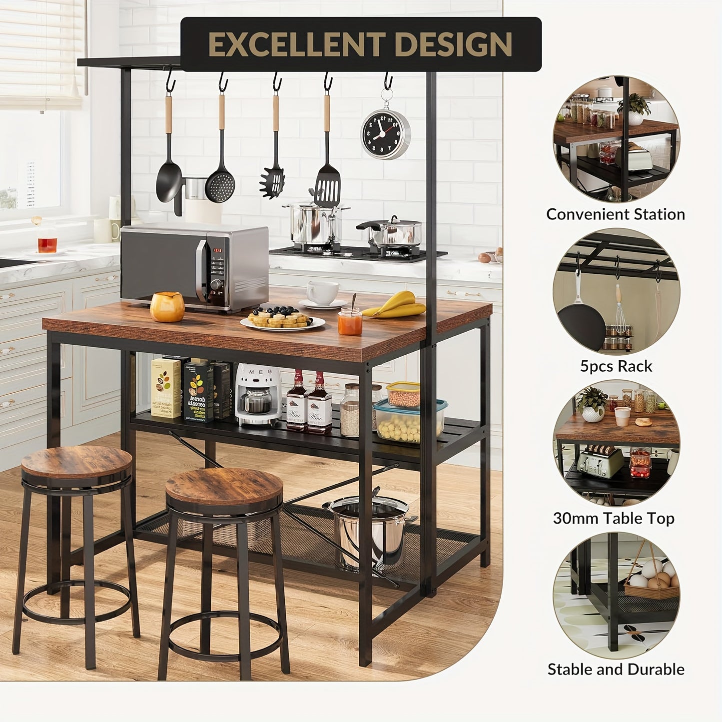 Bakers Rack – Keukenrek – Magnetronstandaard – Opbergrek – Koffiebar – Robuust Metaal – 106 cm Breed – 3-laags Met 5 Haken – Mobiel Met Wieltjes - Bruin