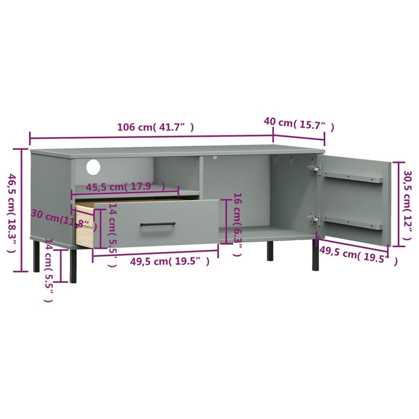 TV Cabinet with Metal Legs Grey Solid Wood Pine OSLO TV Stand Entertainment Center with Storage, Media Television Table for Living Room Bedroom