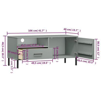 TV Cabinet with Metal Legs Grey Solid Wood Pine OSLO TV Stand Entertainment Center with Storage, Media Television Table for Living Room Bedroom