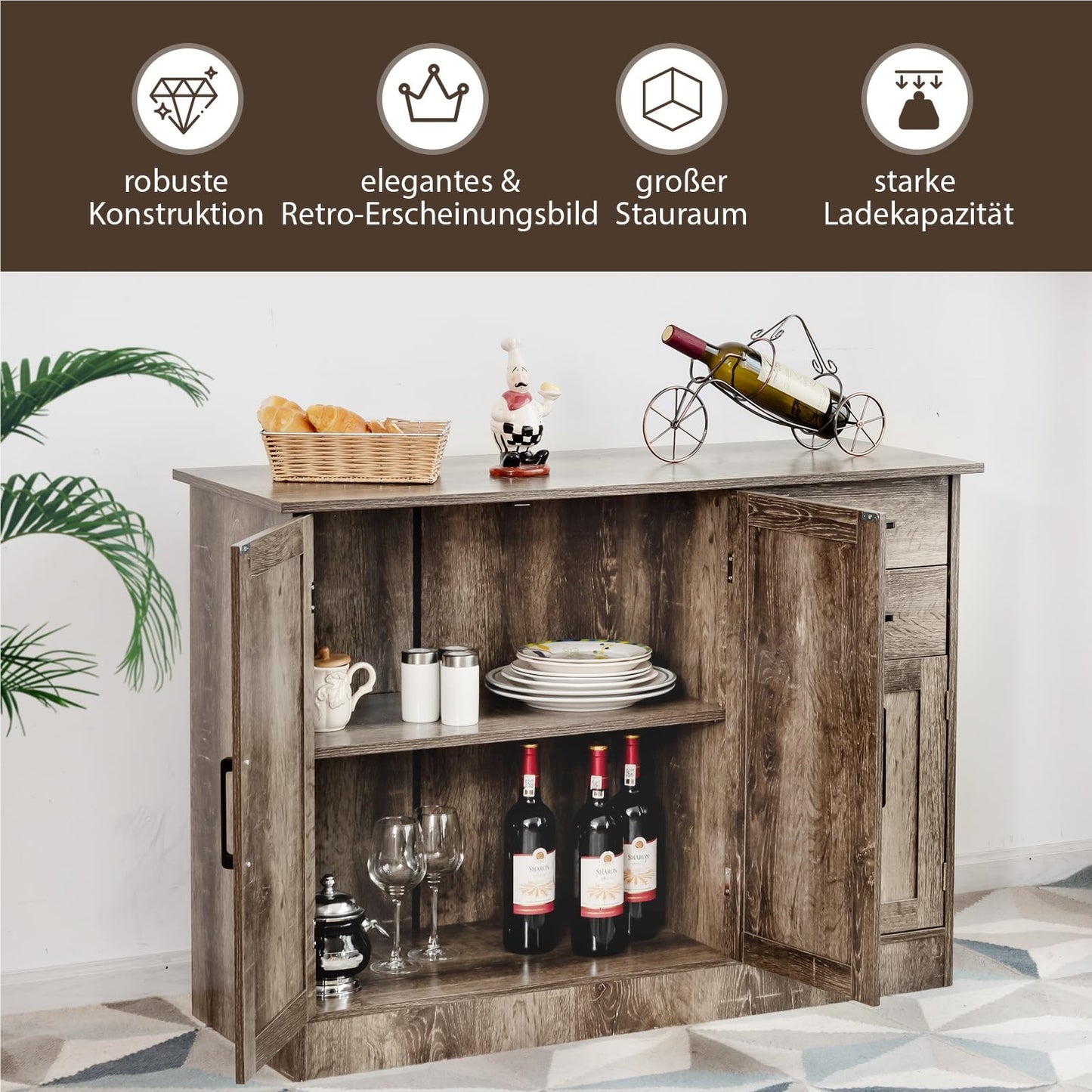 Houten Dressoir – Sideboard – Buffetkast – Opbergkast – Woonkamerkast – Industrieel Design – 110 x 40 x 78 cm – Verstelbare Plank & 2 Lades