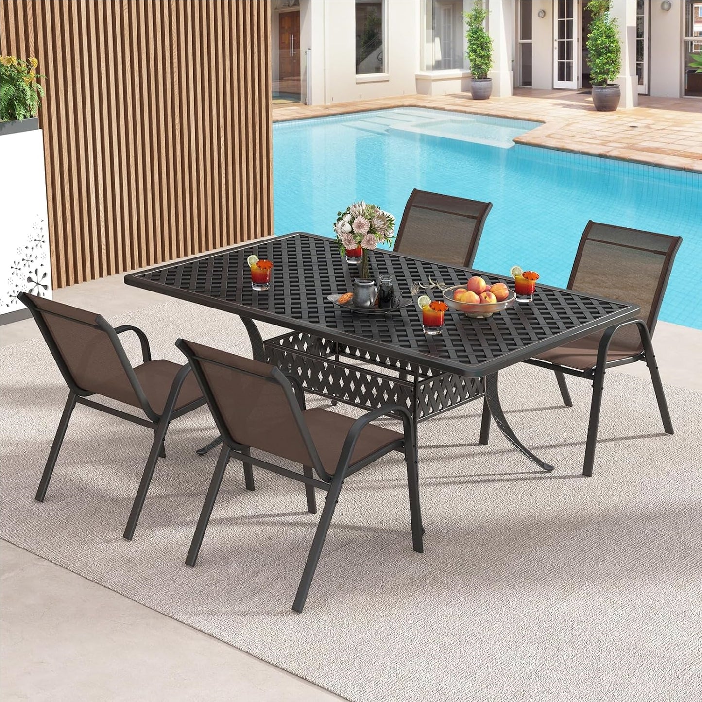 Tuinstoelen – Buitensstoelen – Terrasstoelen – Balkonstoelen – Stapelbare Stoelen – Metalen Frame – Ademend Textilene – Max. 150 kg Draagkracht – Set Van 4 Bruin