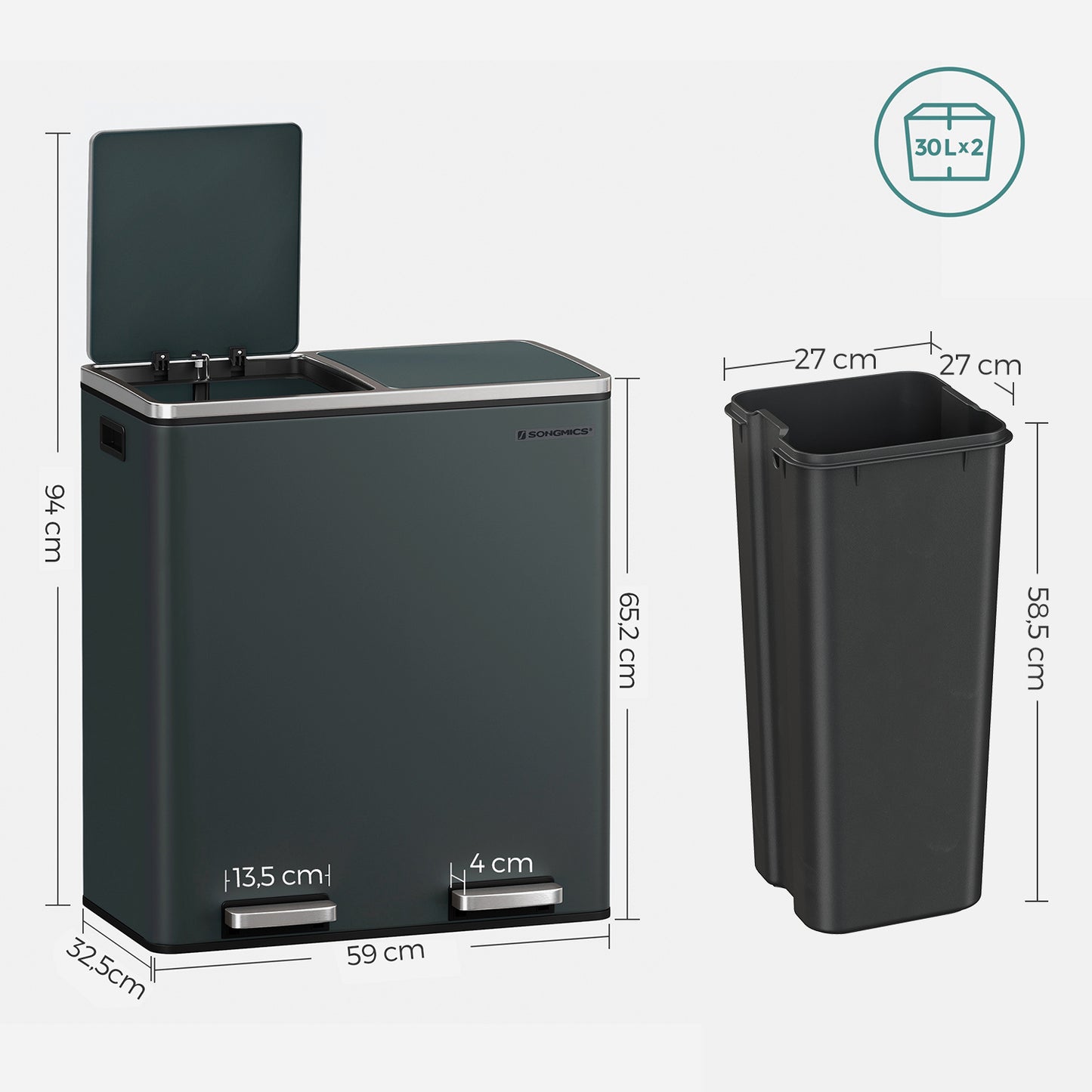 Prullenbak – Afvalemmer – Pedaalemmer – Afvalscheidingsbak – Vuilnisbak – 2 x 30 Liter – Met Metalen Pedaal en Soft Close Deksel – Handige Binnenemmers - 58.6 x 32 x 65 cm - Groenachtig Grijs