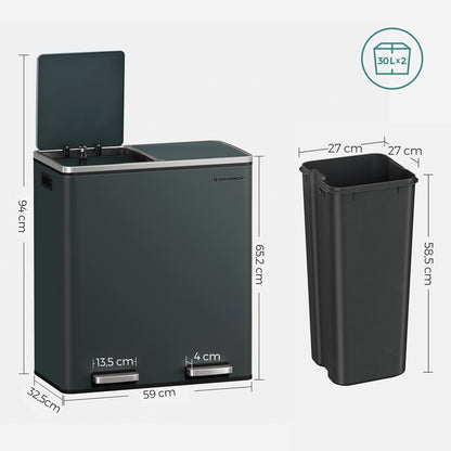 Prullenbak – Afvalemmer – Pedaalemmer – Afvalscheidingsbak – Vuilnisbak – 2 x 30 Liter – Met Metalen Pedaal en Soft Close Deksel – Handige Binnenemmers - 58.6 x 32 x 65 cm - Groenachtig Grijs