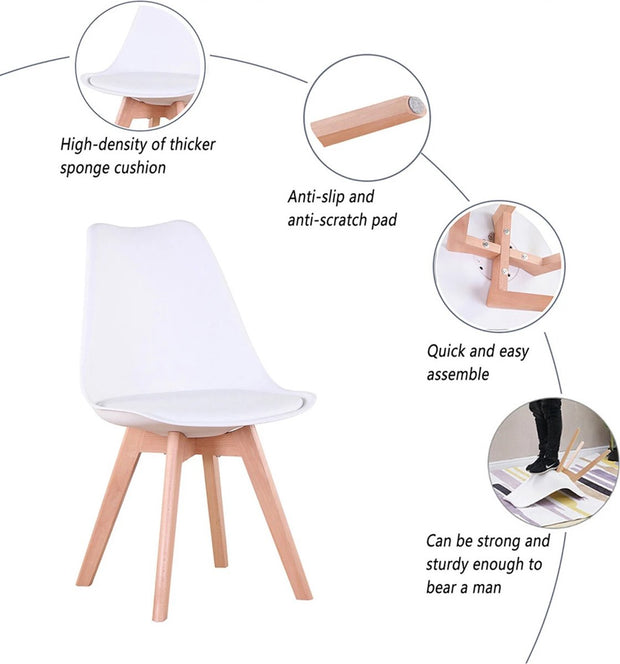 Set of 6 Dining Chairs - Upholstered Chairs with Beech Legs - Stylish Office Chairs for Dining Room, Bedroom, Balcony or Restaurant - White