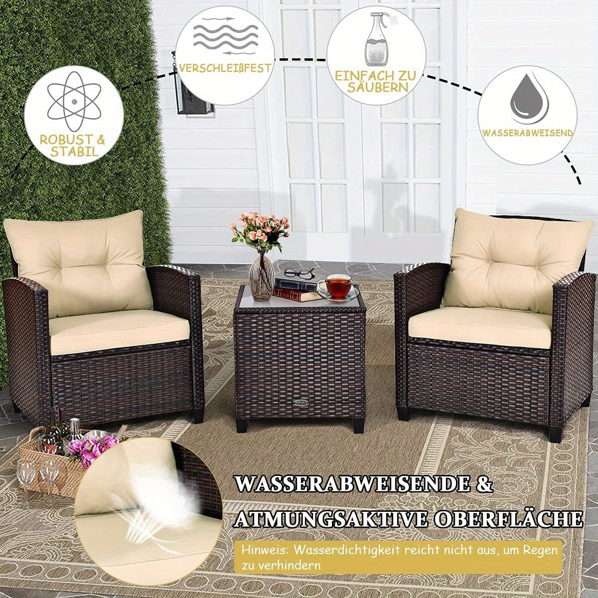 3-delige Rattan Tuinset – Buitenmeubelset – Patio Hoekbank – Balkonmeubilair – Rattan Loungeset – Weerbestendig – Wit Met Kussens