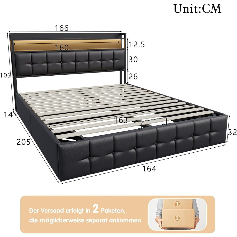 Double Upholstered Bed, 160 X 200 Cm, with LED And Storage Space, Headboard, Hydraulic Bed Frame, with Storage Space And Slatted Base, Without Mattress (Grey Linen, 160 X 200 Cm)