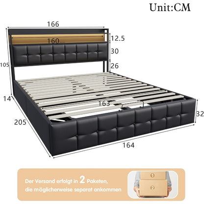 Double Upholstered Bed, 160 X 200 Cm, with LED And Storage Space, Headboard, Hydraulic Bed Frame, with Storage Space And Slatted Base, Without Mattress (Grey Linen, 160 X 200 Cm)