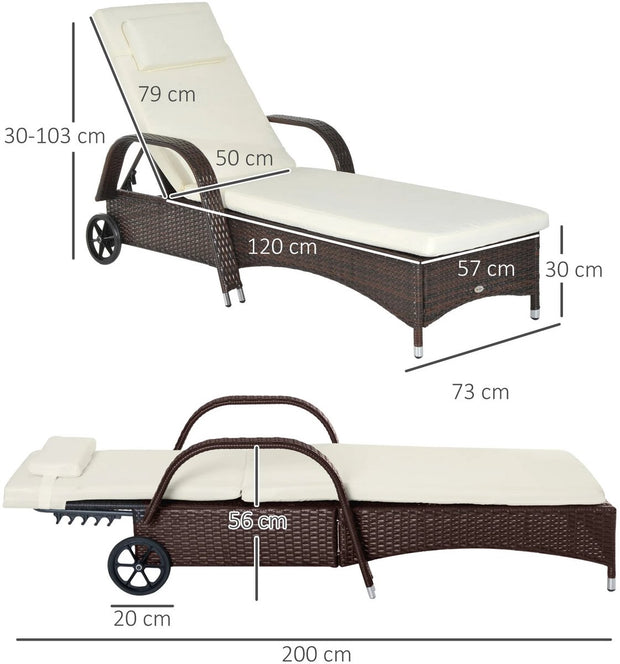 Tuin Rotan Ligstoel - Zonnebed Luxe - Verstelbaar Ligbed - Zonnebedden Ligbedden - Ligbed Tuin - Zomer - Ligbedden - Ligbed Buiten - met Verstelbare Rugleuningkussens 2 Wielen