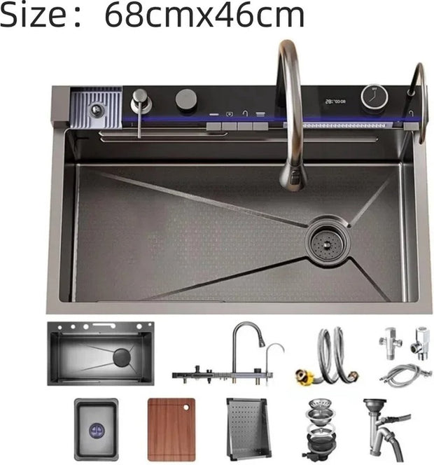 Waterfall Sink Set - Digital Display - Cup Cleaner - Waterfall - Multiple Modes - Cutting Board - Black - Modern - Unique