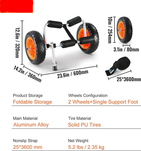 Handtrailer Boot - Boottrailer Dolly - Dolly - Heavy Duty Kayak Cart - 250 lbs Laadvermogen - Opvouwbaar - Kano Trolley Cart 10'' -  Massieve Banden voor - Kayaks Kano's - Zwart