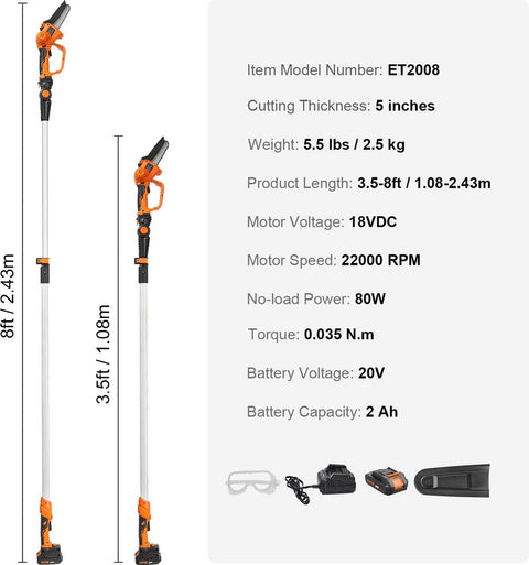 Telescopische Mini-Kettingzaag met Accu 20V 2Ah - 2-in-1 Accu-Snoeizaag - Heggenschaar met Telescoopsteel - Verlenglengte tot 2,43 m