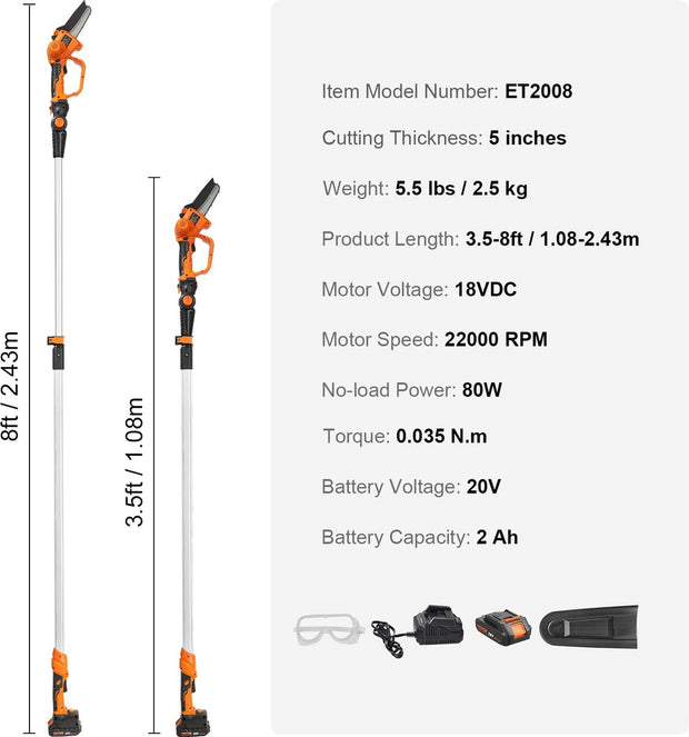 Telescopische Mini-Kettingzaag met Accu 20V 2Ah - 2-in-1 Accu-Snoeizaag - Heggenschaar met Telescoopsteel - Verlenglengte tot 2,43 m