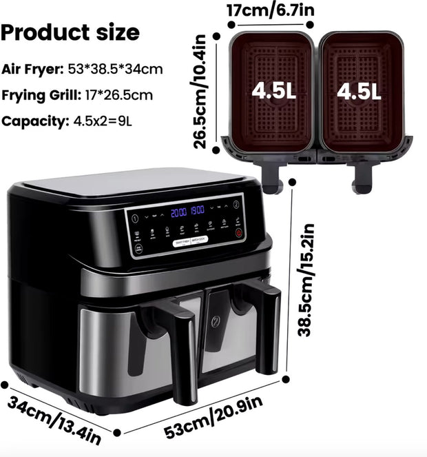 Airfryer - Dubbele Airfryer - Grote airfryer - Hetelucht oven - Heteluchtfriteuse - XL Airfryer - 9L - 2 Laden - Zwart