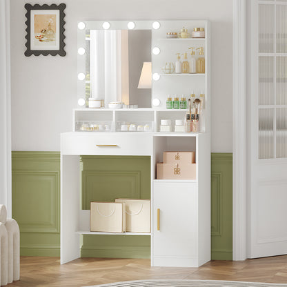 Sieradendoos – Juwelendoos – Sieradenkast – Make-uptafel – Opbergkast – Met Spiegel – 10 Verstelbare LED-Lampjes – Ruime Opbergruimte met Lade en Kast