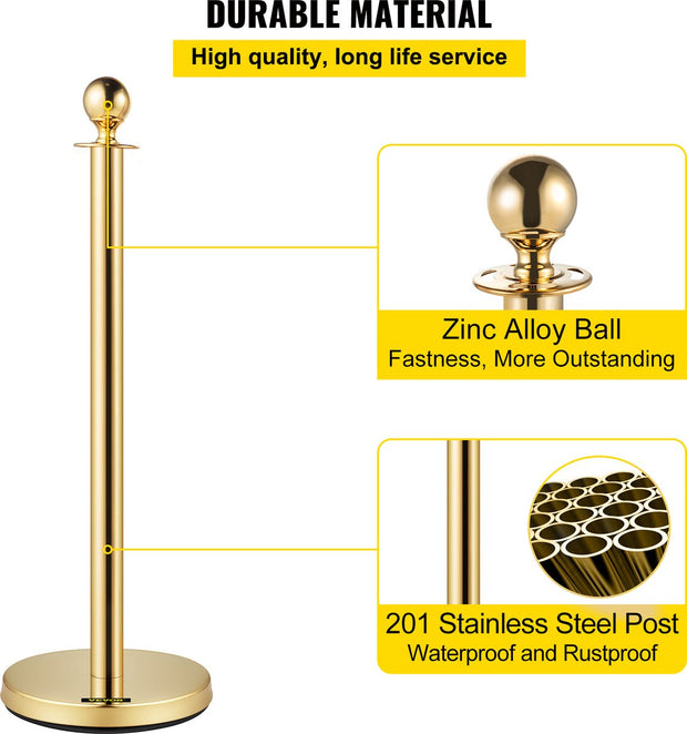 Afzetpaaltjes Crowd Control Stanchion Barrières - 1,5 m - Afzetpalen Voor Menigtecontrole - RVS Bolders - Goud Staanders - Fluwelen Touwen - 4 Stuks - Rood