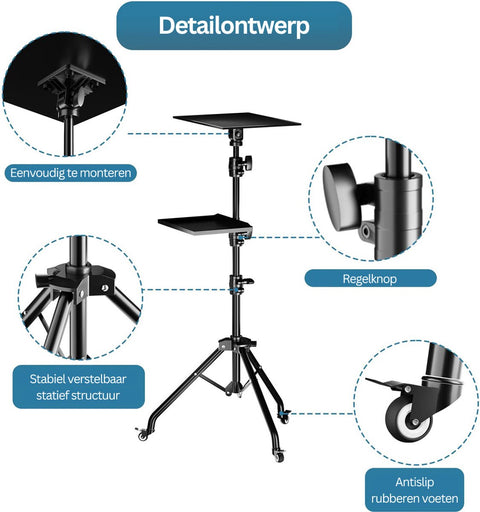 Projector Statief - Beamer Statief Met Laptop Verdieping - Met twee clips - Verstelbaar Standaard - Met Wieltjes - Zwart - Top Kwaliteit - 145CM - Professioneel Statief - Aluminium
