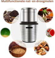 Hakmolen Electrisch -  2-in-1 - Nat en droog - Gehaktmolen - Vleesmolen - Food Processor - Keukenmixer - Elektrisch - 300W  - Roestvrijstalen Behuizing en Maalbladen - Grijs