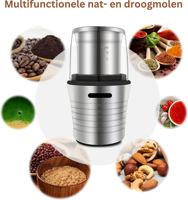 Hakmolen Electrisch -  2-in-1 - Nat en droog - Gehaktmolen - Vleesmolen - Food Processor - Keukenmixer - Elektrisch - 300W  - Roestvrijstalen Behuizing en Maalbladen - Grijs