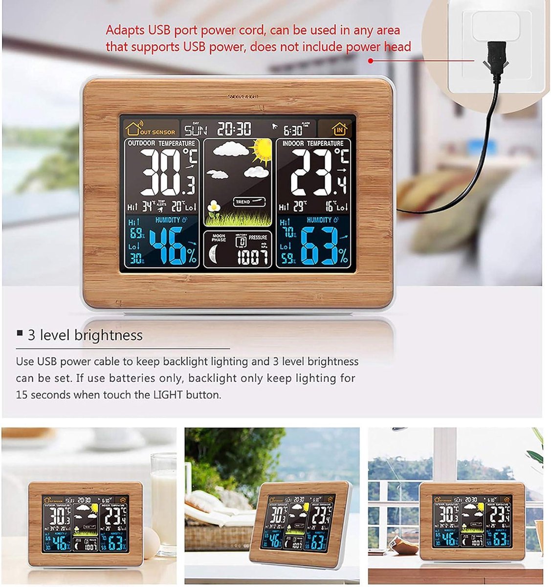 Draadloos Weerstation - met Buitensensor - DCF-Radioklok - Digitaal Kleurendisplay - Weersvoorspelling - Temperatuur - Luchtvochtigheidsalarm Binnen