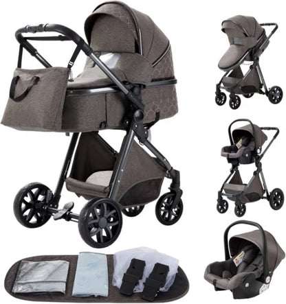 Kinderwagen 3 in 1 - Kinderwagen - Bedje - Buggy - Autostoel - Opvouwbaar - Aluminium frame - Chocolate/bruin - Zilver - Zwart