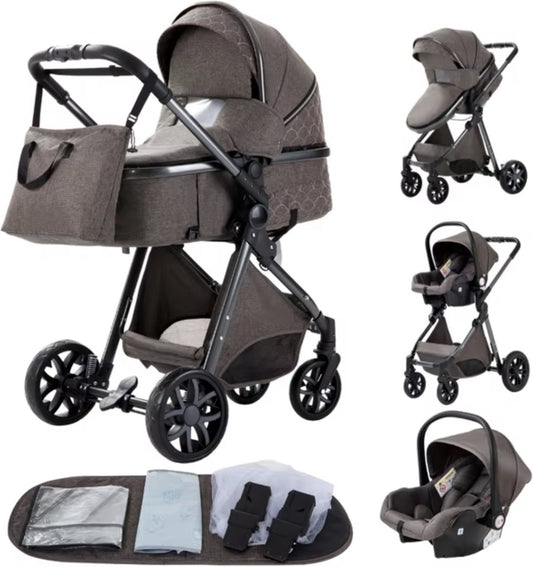 Stroller 3 in 1 - Pushchair - Bed - Buggy - Car seat - Foldable - Aluminum frame - Chocolate/brown - Silver - Black