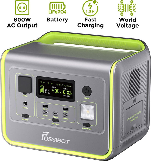 Draagbare energiecentrale - LiFePO4 zonnegenerator, - 3500 Times Cycle - 800W AC uitgang - 200W max zonne-ingang - 8 stopcontacten - Igarenaansteker - DC6530 - 2xUSB-A - 3x Type-C - AC uitgang - Volledig opgeladen - 512Wh - Groen