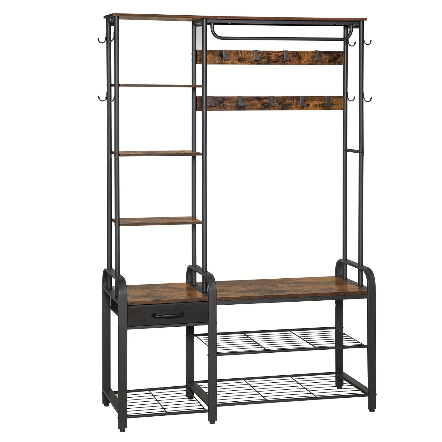 Kapstok – Staande Kapstok – Garderoberek – Schoenenrek – Wandkapstok – 5-in-1 Multifunctioneel – Hout Met Metaal – 17 Haken – Schoenbank Met Lade – 120x40x182 cm – Bruin/Zwart