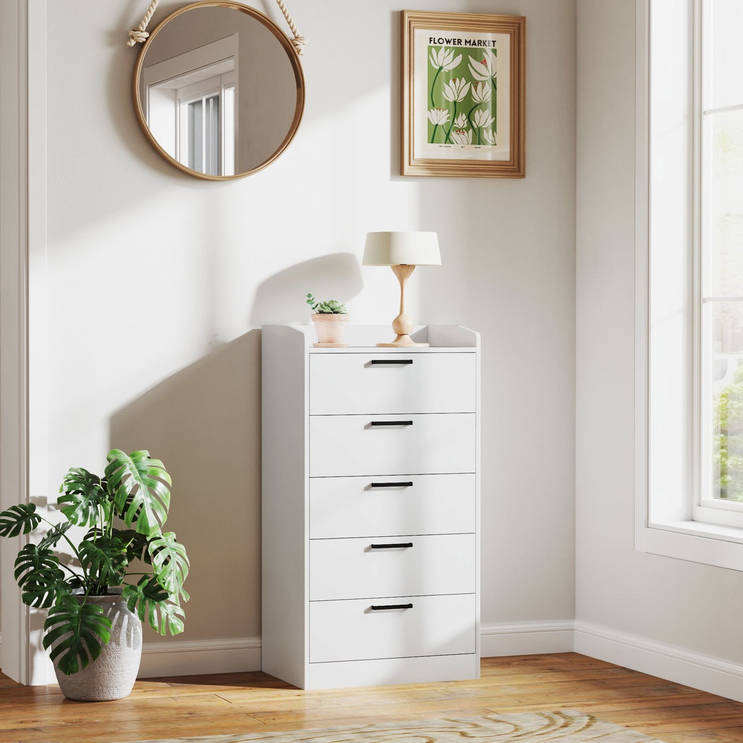 Ladekast – Commode – Opbergkast – Kledingkast – Dressoir – 5 Lades – Melamine Afwerking – Anti-Kantel Systeem – Modern Wit