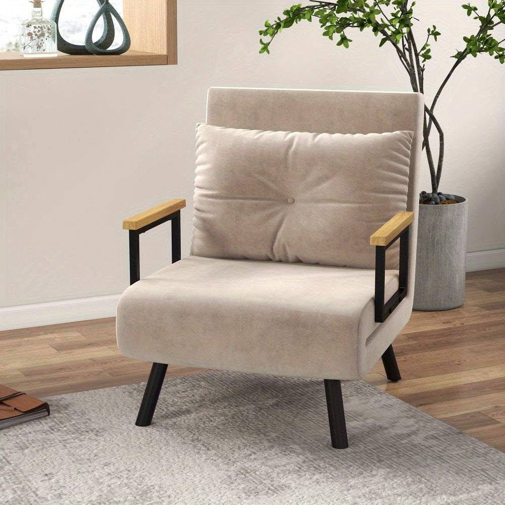 Sofa Fauteuil – Slaapstoel – Relaxstoel – Logeerbed – Velvet Zetel – Verstelbare Rugleuning – Beige Velvet Bekleding – Compact 63x73x81 cm