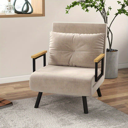 Sofa Fauteuil – Slaapstoel – Relaxstoel – Logeerbed – Velvet Zetel – Verstelbare Rugleuning – Beige Velvet Bekleding – Compact 63x73x81 cm