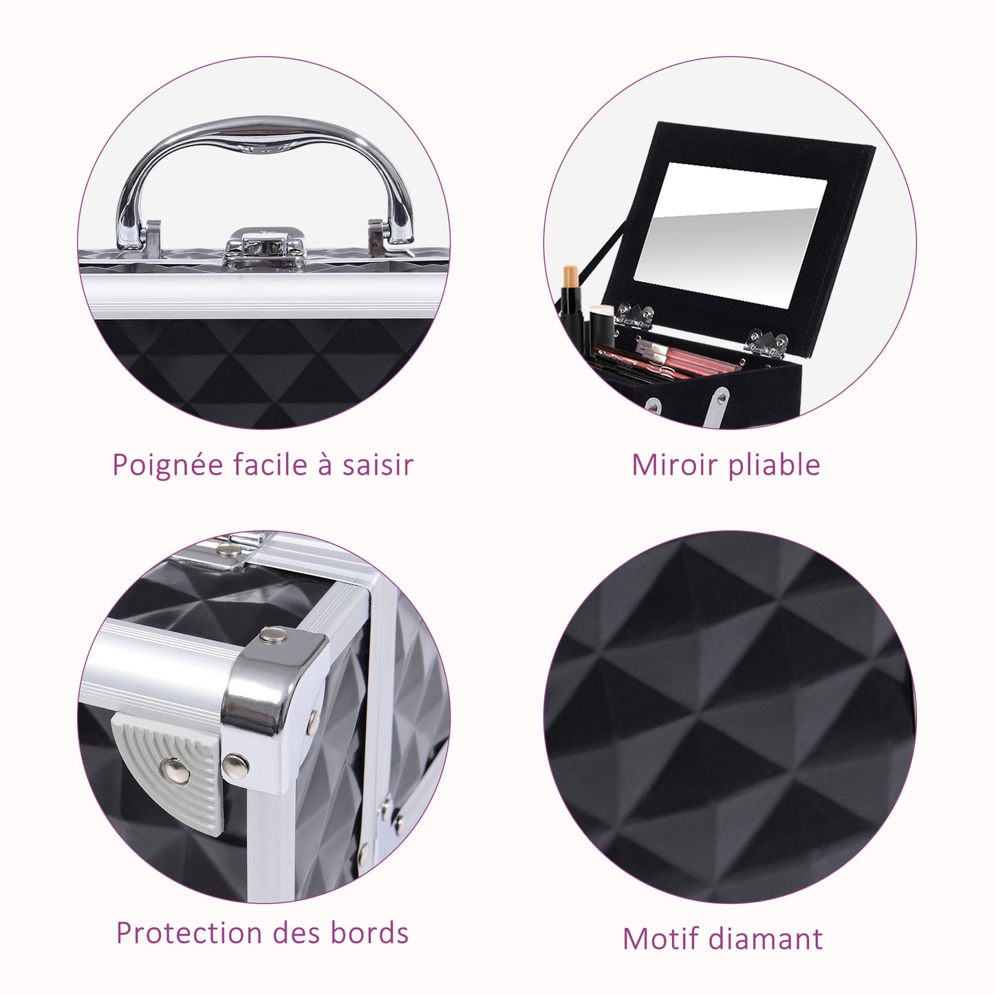 Make-upkoffer – Make-up trolley – Cosmetica koffer – Beautycase – Visagiekoffer – Aluminium frame – Uitklapbare 3-laags met slot en spiegel – Zwart – 20x15x15 cm
