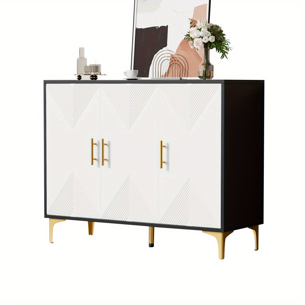 Dressoir – Opbergkast – Ladekast – Buffetkast – Sideboard – Mat Wit Gestreept – Gouden Handgrepen – Hardhout & Spaanplaat – Ruime Opbergruimte – Bohemian Design