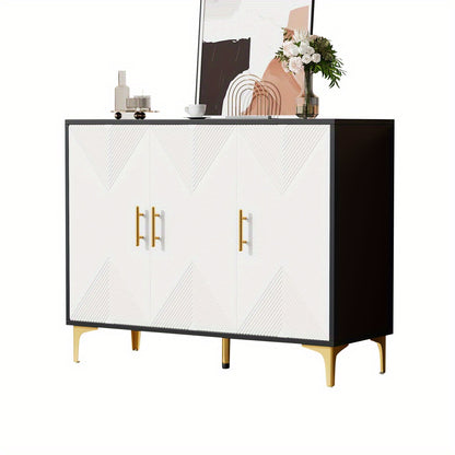 Dressoir – Opbergkast – Ladekast – Buffetkast – Sideboard – Mat Wit Gestreept – Gouden Handgrepen – Hardhout & Spaanplaat – Ruime Opbergruimte – Bohemian Design
