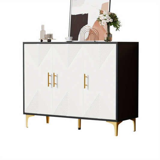 Dressoir – Opbergkast – Ladekast – Buffetkast – Sideboard – Mat Wit Gestreept – Gouden Handgrepen – Hardhout & Spaanplaat – Ruime Opbergruimte – Bohemian Design