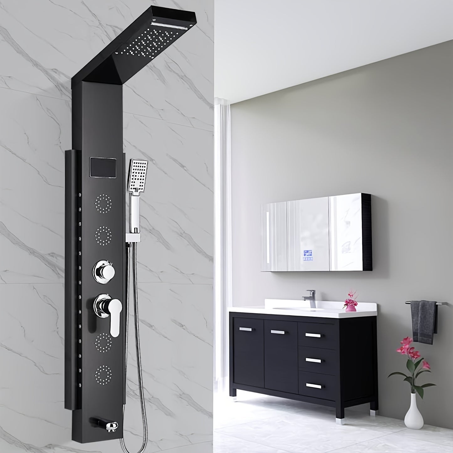 Doucheset – Douchekolom – Regendouche – Handdouche – Badkraan – 7 standen met massagejets – RVS - Zwart