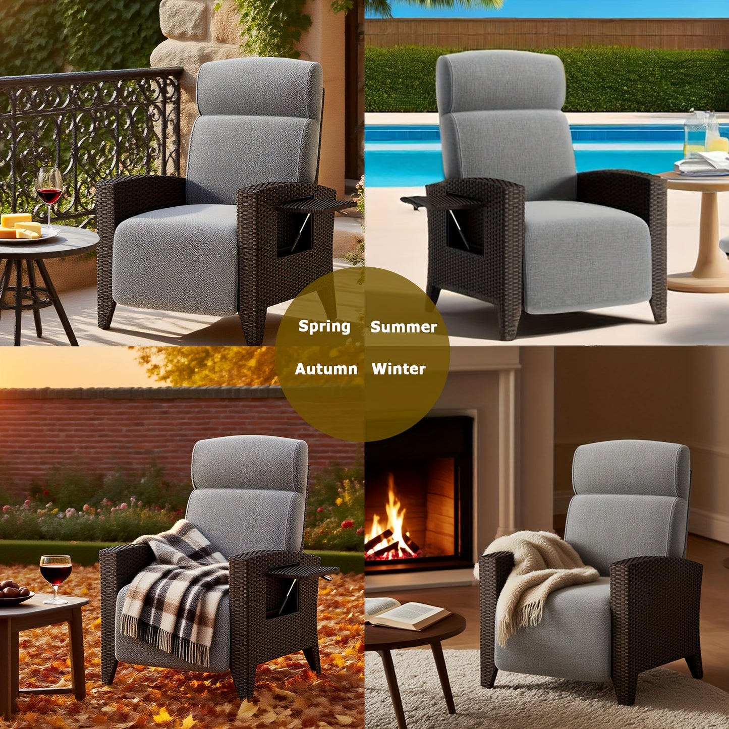 Loungestoel – Fauteuil – Tuinstoel – Relaxstoel – Schommelstoel – Verstelbare Rugleuning – Inklapbare Zijtafel – Rattan Metalen Frame – Draagvermogen 200 Kg