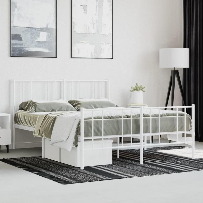 Modern White Metal Bed Frame with Headboard and Footboard - 140x200cm, Minimalist Contemporary Design, Includes Storage Drawers, Easy Assembly, No Power Needed, Bedroom Furniture, Sleek Metallic Finish, Sturdy Construction, B