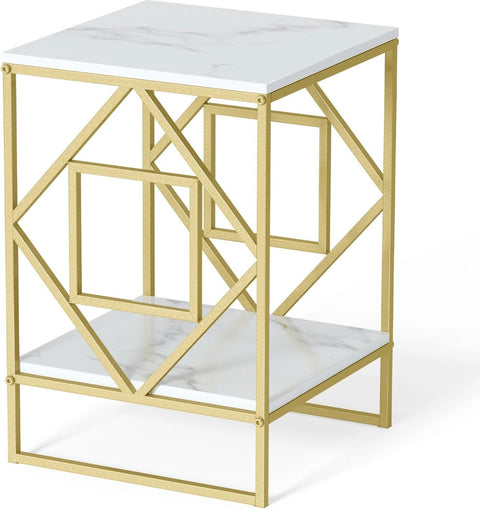 Nachtkastje - Bijzettafel - 2 Laags - Wit - Goud - Marmer Blad - Luxe - Modern - Opbergruimte - Meubel - 40 x 40 x 58.5 cm