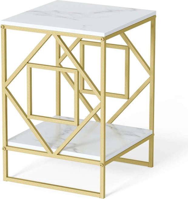 Nachtkastje - Bijzettafel - 2 Laags - Wit - Goud - Marmer Blad - Luxe - Modern - Opbergruimte - Meubel - 40 x 40 x 58.5 cm