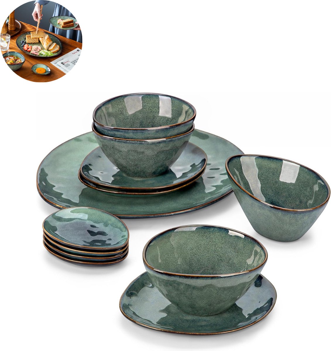 Luxe Serviesset – 11 delig – Porselein - Bordenset – Dinner platen – Dessertborden - Kommen - Schaaltjes - Groen